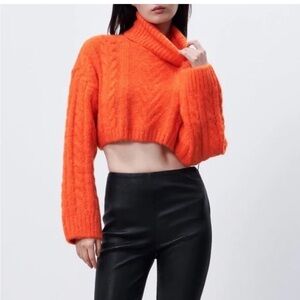 Zara Wool Blend Cropped Turtleneck Sweater in Bright Orange